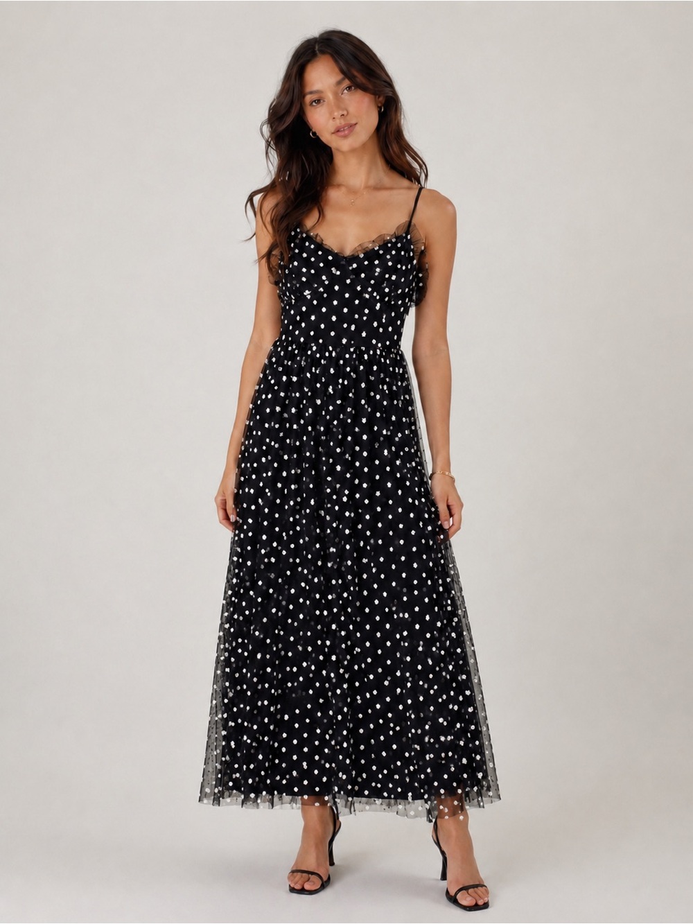 Black and White Polka Dot Midi Sundress with Spaghetti Straps